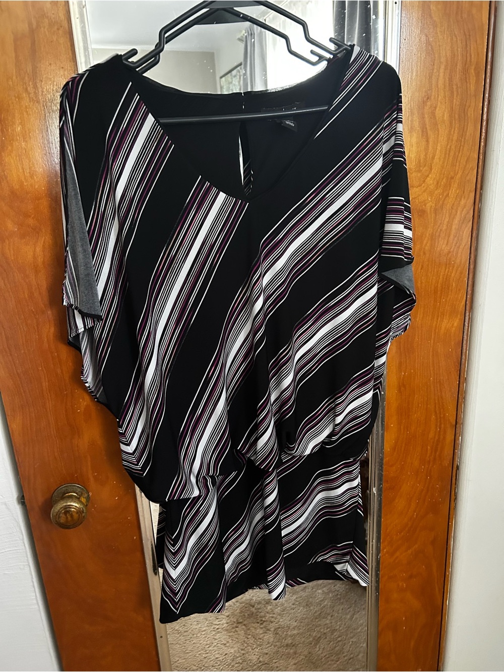 White House Black Market Black Cold-Shouler Top with White & Purple Stripes